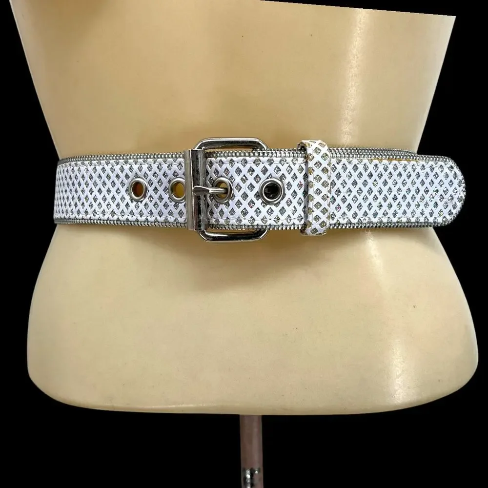 RELIC BRAND White Diamond & Iridescent Silver Pattern Belt L Fairy Glam Kitschy